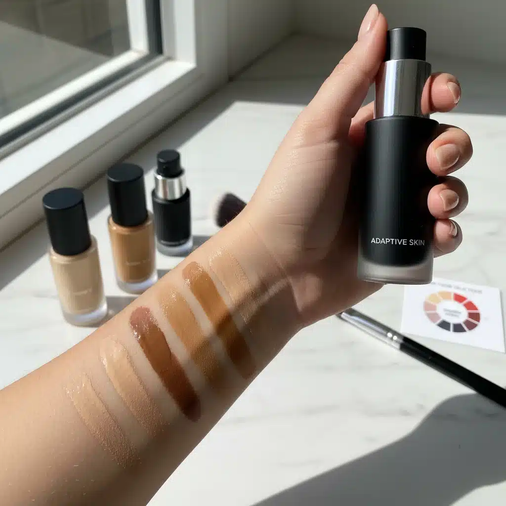 Mano aplicando diferentes tonos de base de maquillaje inteligente en el brazo para encontrar el color adecuado.