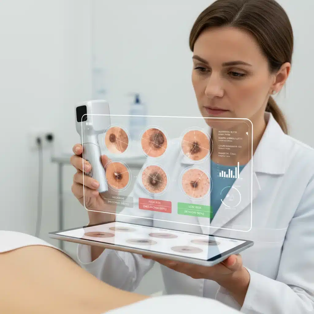Persona utilizando un dermatoscopio inteligente para un análisis detallado de lunares y lesiones cutáneas.
