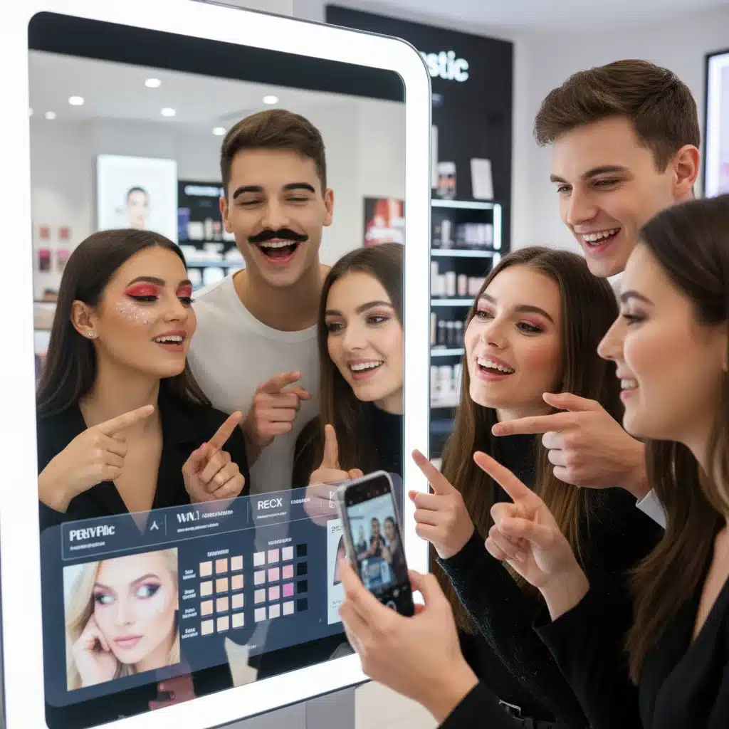 Jóvenes interactuando con un espejo de realidad aumentada en una tienda de belleza, probando looks.