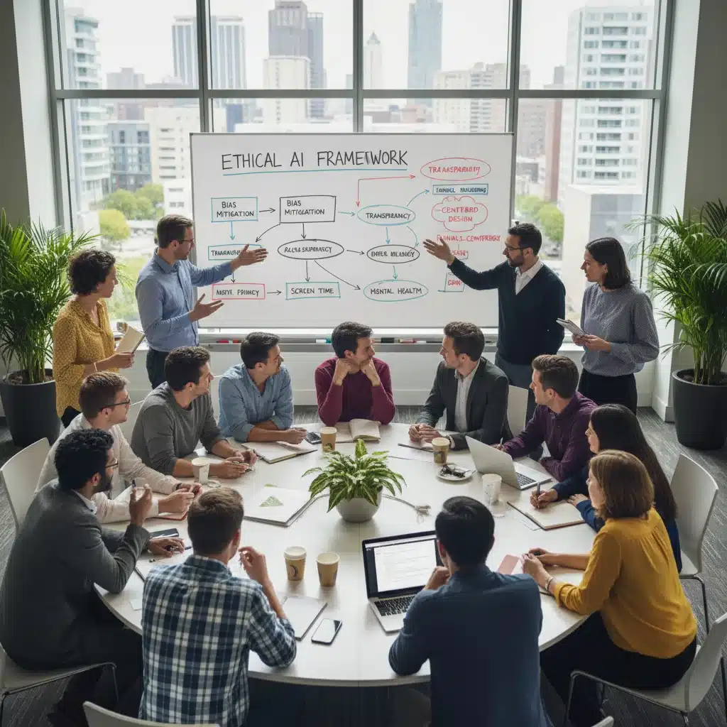 Grupo de personas debatiendo las implicaciones éticas de la IA y el bienestar digital en un taller.