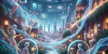 Integración de IA en la vida digital española, con redes neuronales y personas en un entorno futurista.