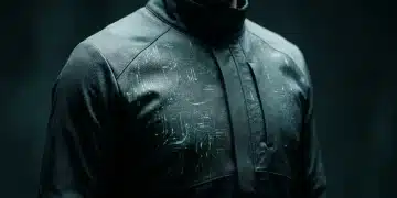 Close-up de uma pessoa vestindo uma jaqueta de tecido tecnológico futurista, com circuitos integrados que pulsam suavemente sob a superfície, simbolizando a fusão entre moda e tecnologia vestível.