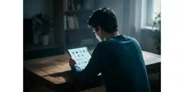 Pessoa engajada com um aplicativo de moda sustentável em um tablet, otimizando o guarda-roupa com tecnologia e inteligência artificial.