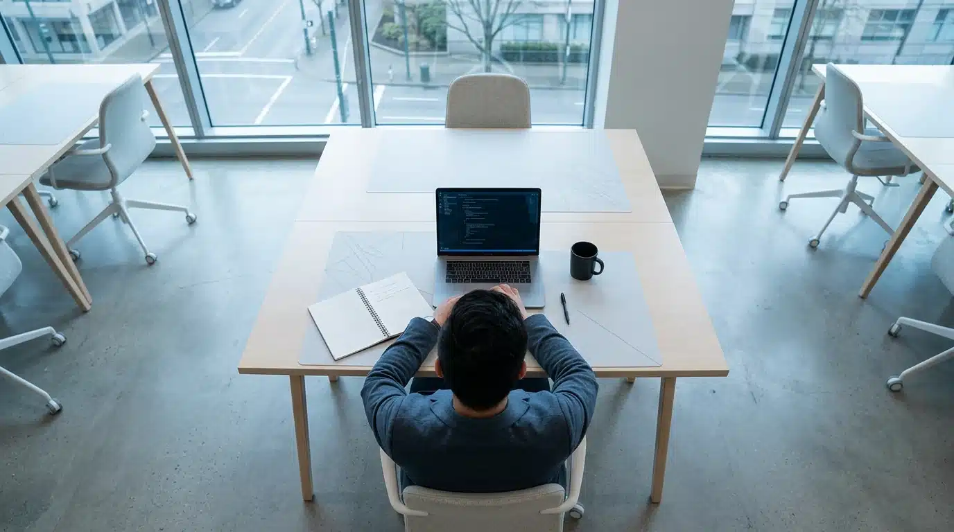 Vista aérea de uma pessoa concentrada em um notebook e caderno, em uma mesa minimalista com padrões geométricos, simbolizando o desafio do foco em meio à sobrecarga digital.