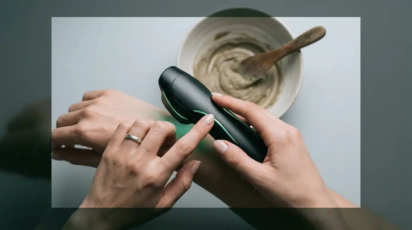 Mãos segurando um dispositivo de beleza futurista com luzes verdes, em contraste com uma tigela de argila natural desfocada, simbolizando a armadilha da solução mágica em beleza.