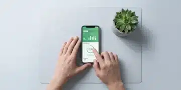 Pessoa interagindo conscientemente com um aplicativo de bem-estar digital em smartphone, exibindo estatísticas de uso para gerenciar o tempo de tela. Foto aérea em mesa com padrão geométrico sutil e planta suculenta, ilustrando o controle intencional da tecnologia.