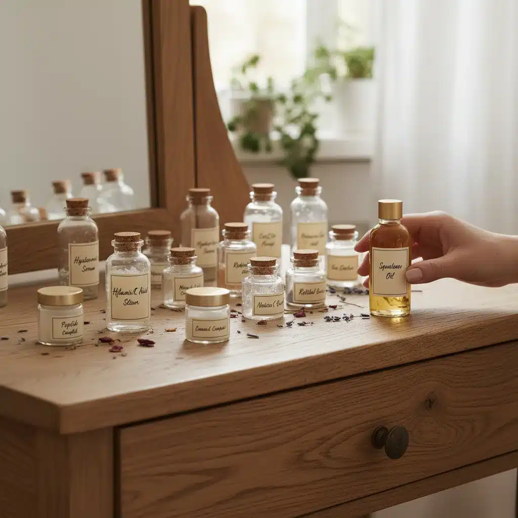 Componentes y envases de cosmética personalizada sobre una superficie de madera.
