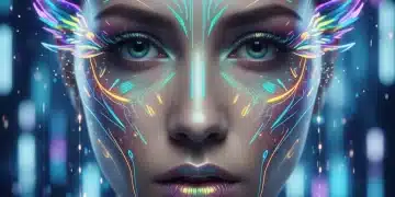Mujer con maquillaje digital de realidad aumentada, mostrando efectos futuristas y colores vibrantes.