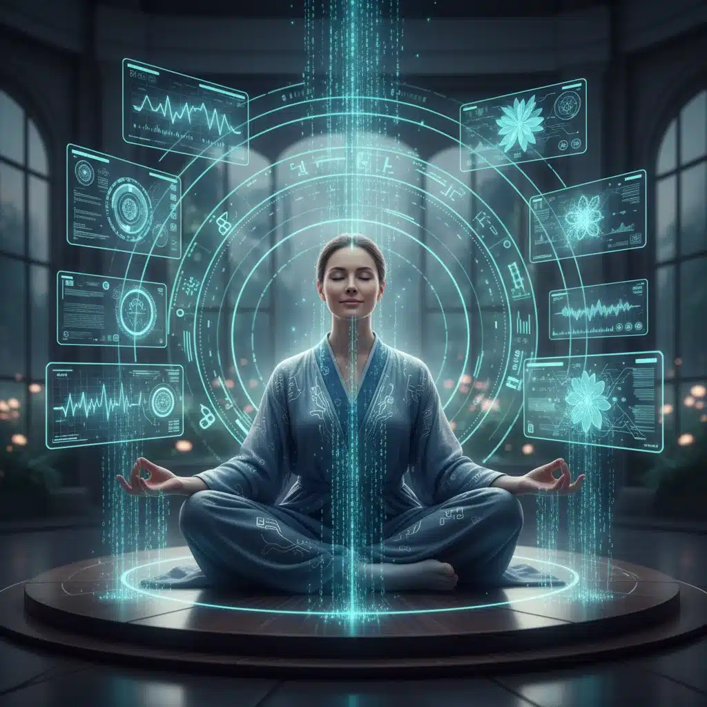 Persona meditando rodeada de interfaces digitales, simbolizando el uso consciente de la IA para el bienestar mental.
