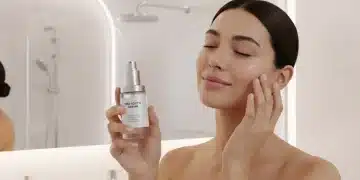 Mujer aplicando sérum personalizado en su rutina de cuidado facial.