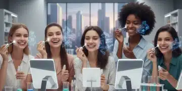 Mujeres felices aplicando base de maquillaje inteligente, mostrando tonos de piel diversos.