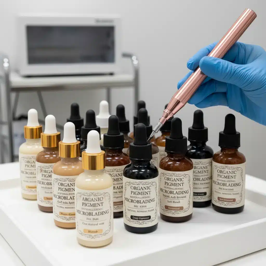 Variedad de pigmentos orgánicos y de alta calidad para microblading y microshading, mostrando un profesional seleccionando el color.