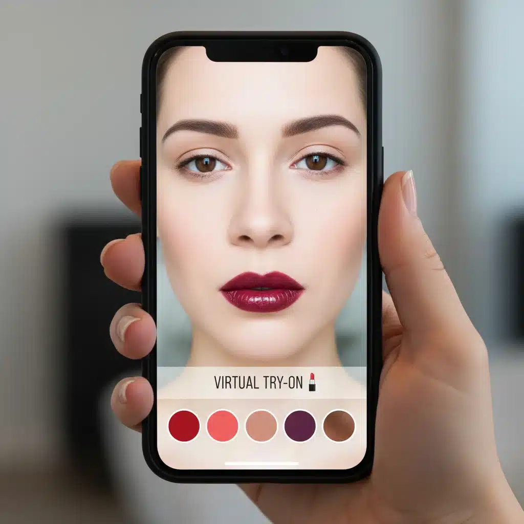 Pantalla de smartphone con aplicación de prueba virtual de pintalabios en tiempo real.