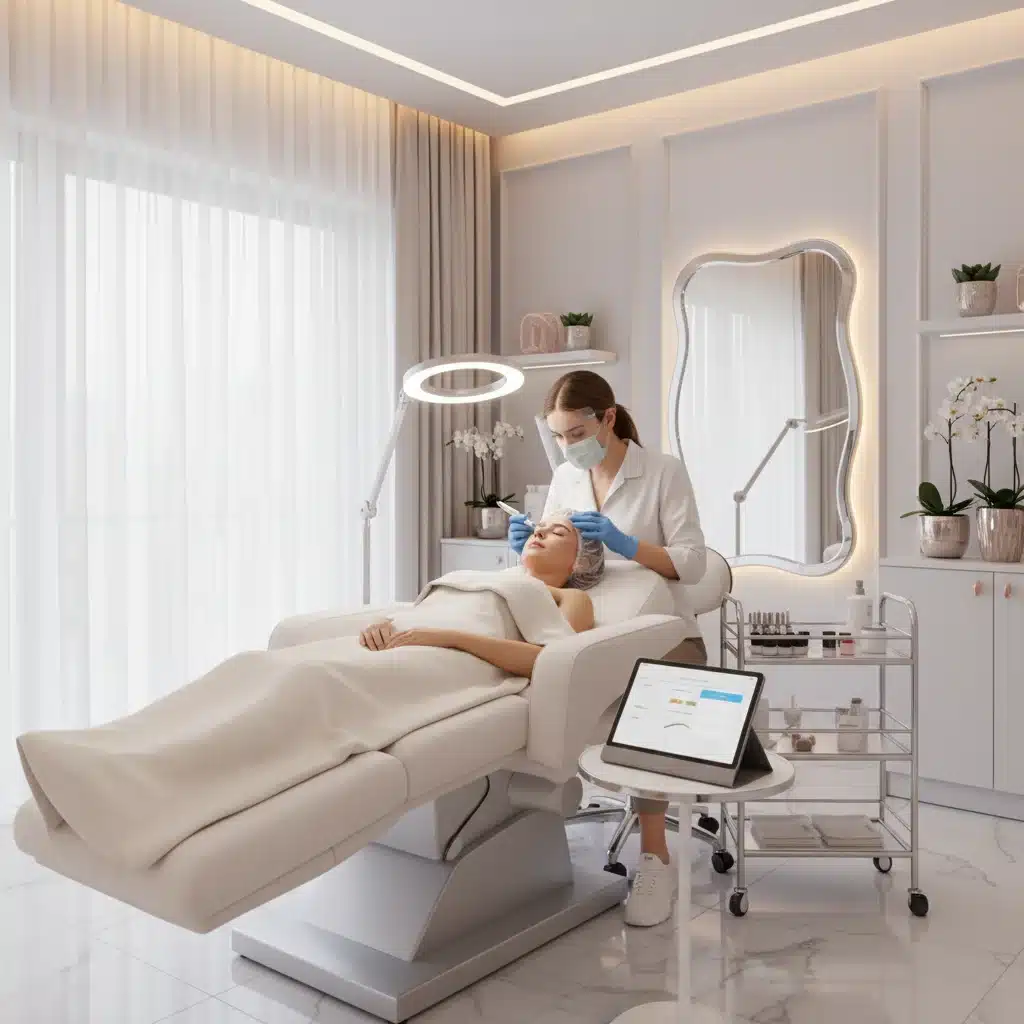 Salón de belleza moderno con esteticista realizando tratamiento de cejas con microblading o microshading a una clienta, destacando la higiene y el confort.