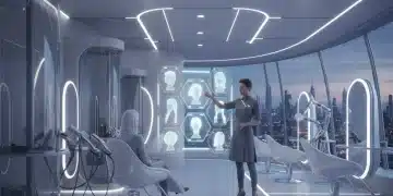 Salón de peluquería futurista con estilista mostrando cortes innovadores en pantalla holográfica.