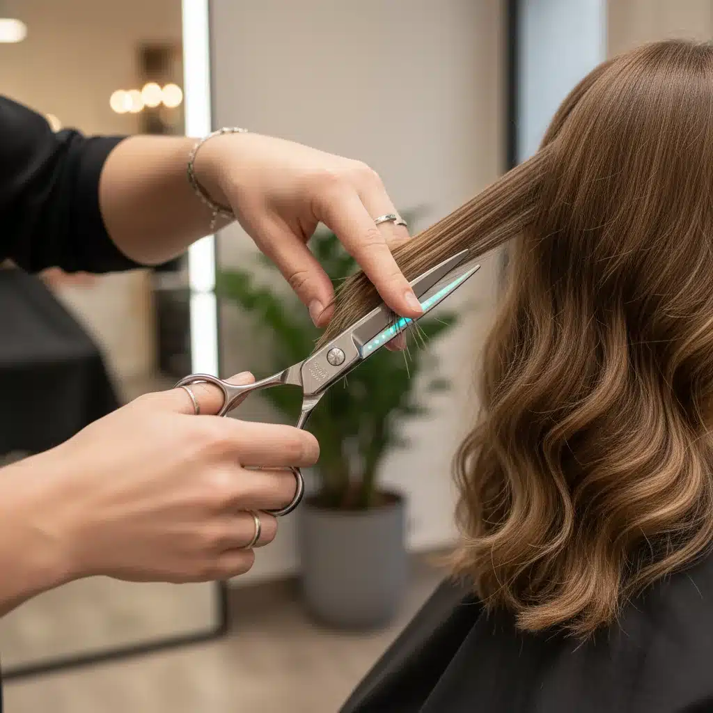 Estilista usando tijeras inteligentes asistidas por IA para un corte de pelo de precisión.