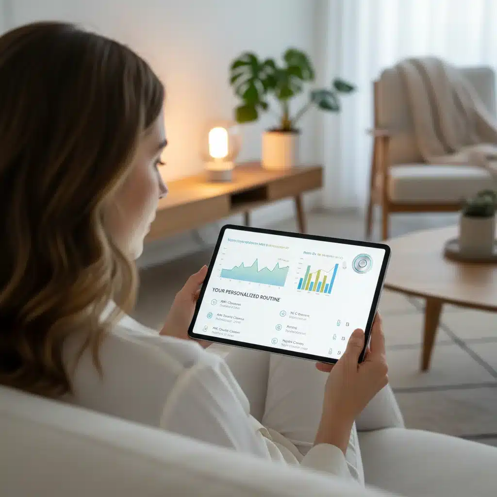 Persona analizando datos de su gadget de belleza inteligente en una tablet.