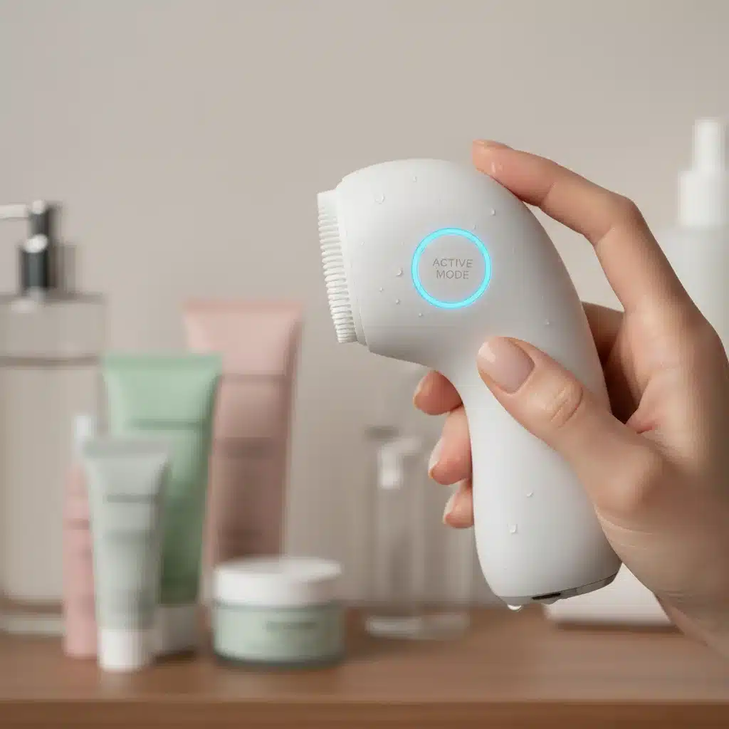 Mano aplicando un dispositivo de limpieza facial inteligente en la piel.