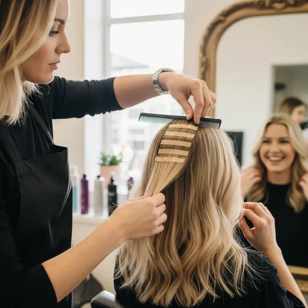 Estilista aplicando extensiones de cabello adhesivas de forma profesional y discreta