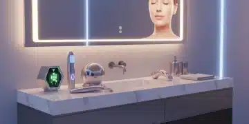 Mujer con piel radiante utilizando gadgets de belleza inteligente en un baño futurista.