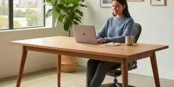 Persona trabajando felizmente desde casa, simbolizando el bienestar digital en el teletrabajo.