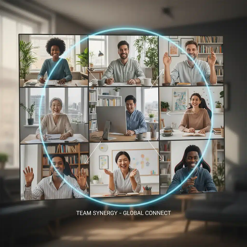 Equipo remoto colaborando eficazmente en una videollamada, destacando la conexión humana.