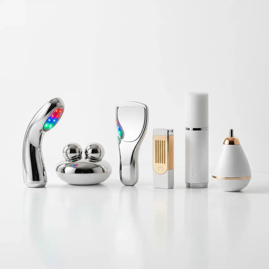 Variedad de dispositivos de belleza facial caseros, mostrando diferentes tecnologías y diseños.