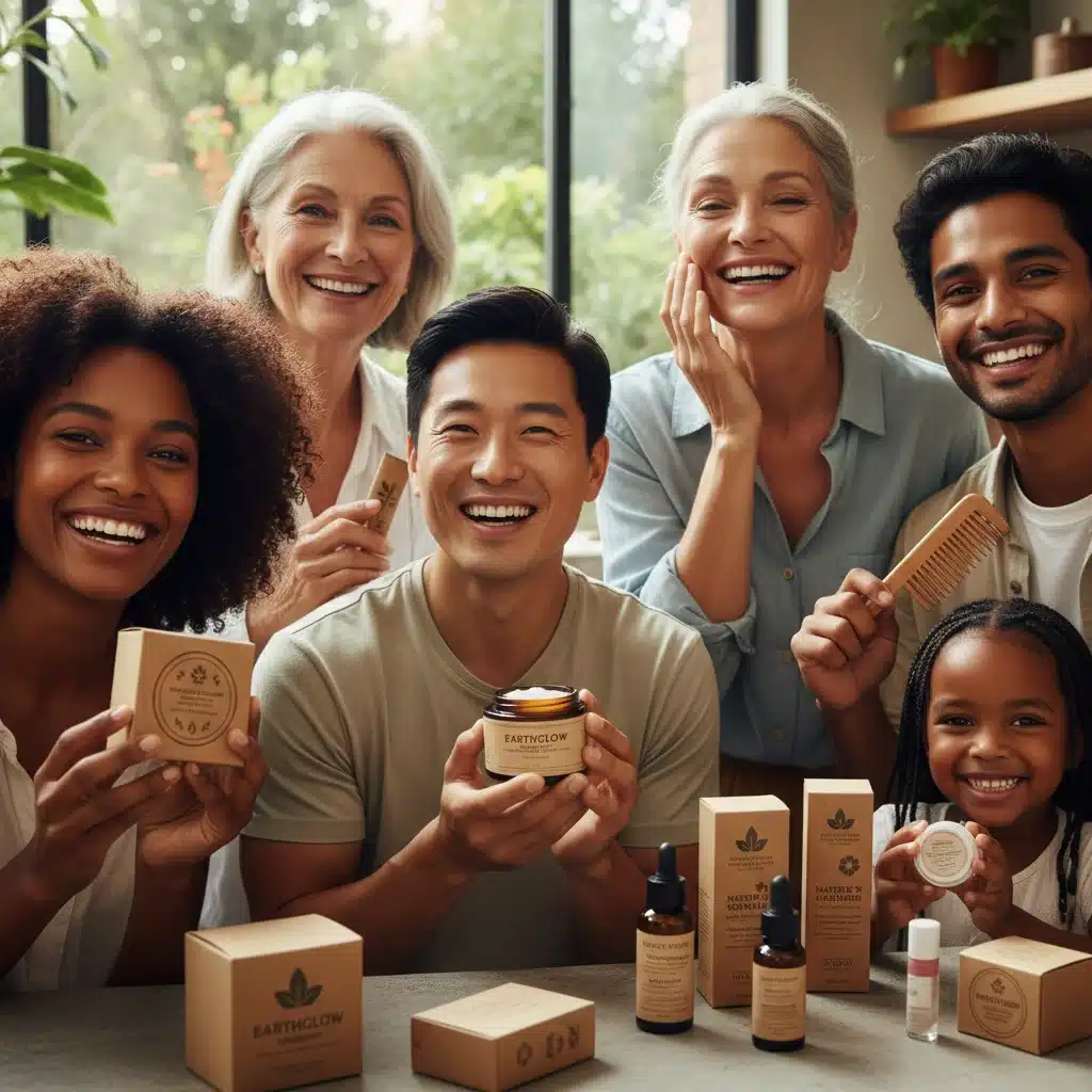 Consumidores felices utilizando productos de belleza sostenible con envases ecológicos.
