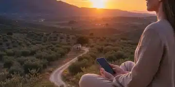 Persona meditando en un paisaje español, simbolizando la desconexión digital y la paz interior.