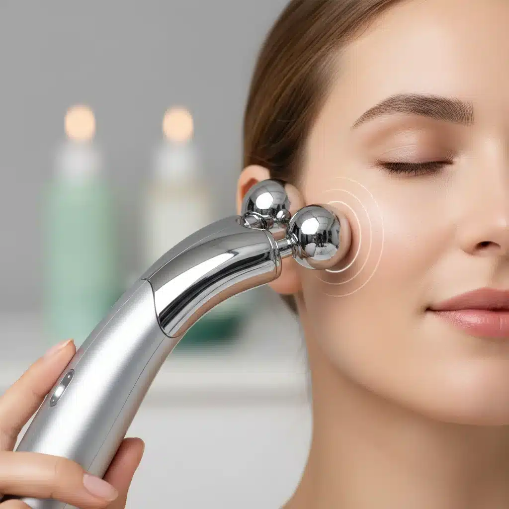 Dispositivo de microcorriente facial en acción, reafirmando la piel del rostro.