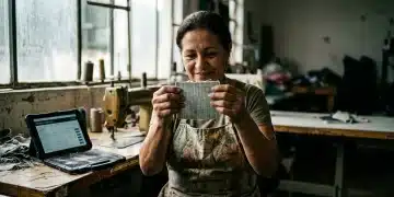 Costureira brasileira sênior examinando tecido reciclado em oficina, com tablet exibindo rastreabilidade, em estilo documental de alto contraste.