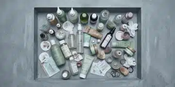 Vista aérea de uma bancada de banheiro com cosméticos 'verdes' e embalagens descartadas, destacando o greenwashing na indústria da beleza.