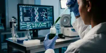 Cientista feminina formulando um sérum verde em laboratório de biotecnologia, com monitor mostrando dados genômicos no fundo, destacando a cosmética inteligente.