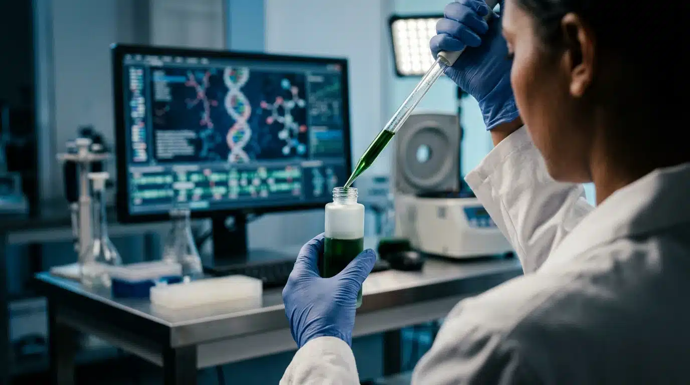 Cientista feminina formulando um sérum verde em laboratório de biotecnologia, com monitor mostrando dados genômicos no fundo, destacando a cosmética inteligente.