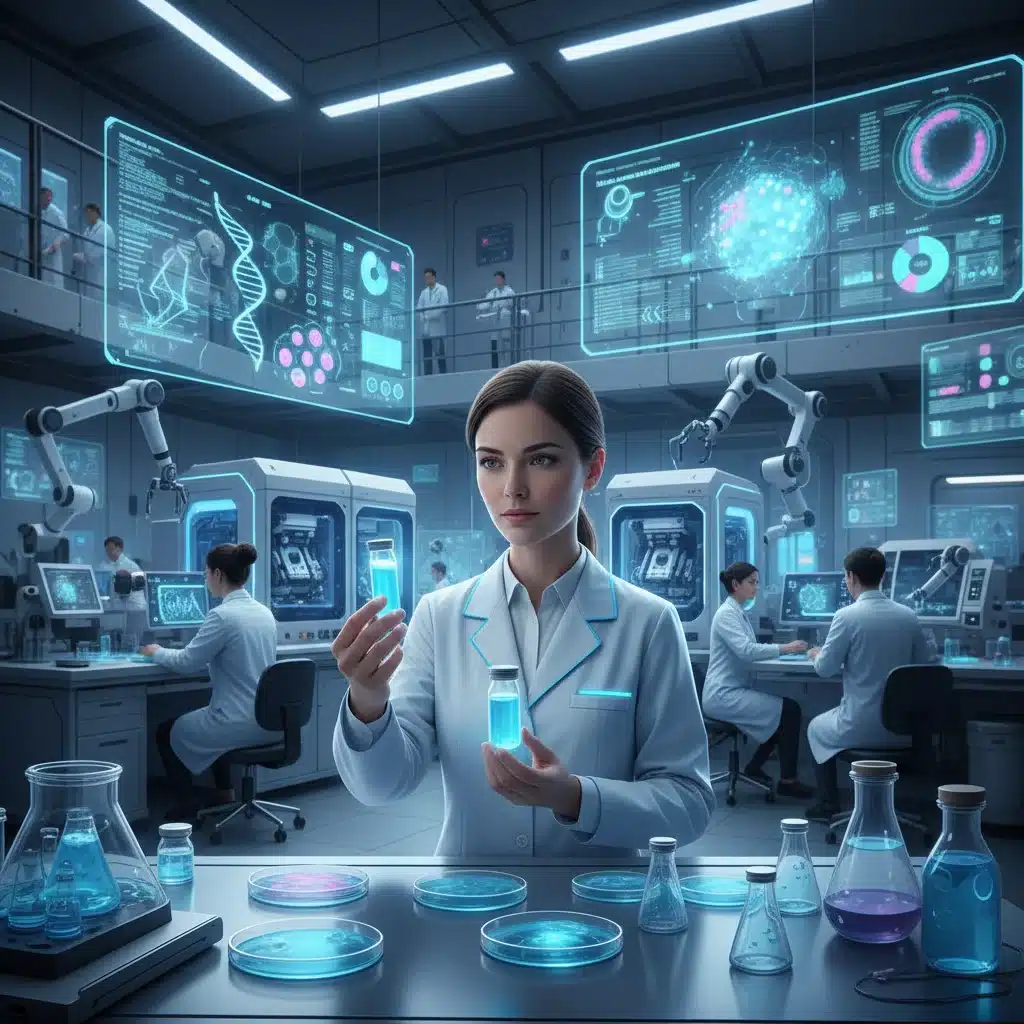 Científicos en un laboratorio moderno desarrollando nuevas terapias basadas en el microbioma cutáneo.