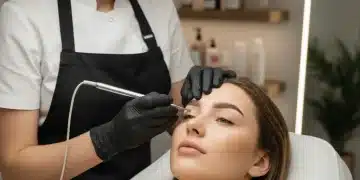Esteticista realizando microblading, técnica de maquillaje permanente, en cejas de una clienta en un salón moderno.