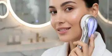 Mujer usando un dispositivo de belleza facial avanzado en casa para un cuidado de la piel profesional y rejuvenecedor.