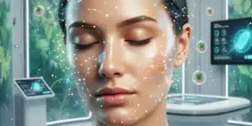 Mujer con piel radiante y líneas digitales de IA, simbolizando la cosmética personalizada