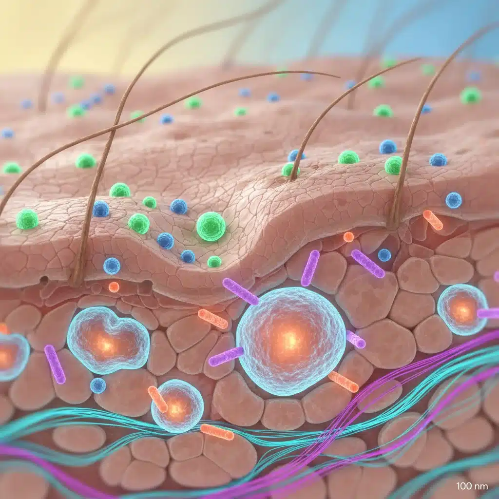 Nanopartículas interactuando con células de la piel para una entrega dirigida de ingredientes