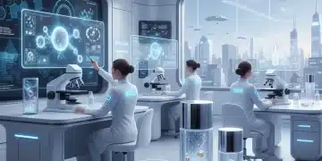Científicos analizando cosméticos inteligentes con nanotecnología en un laboratorio futurista