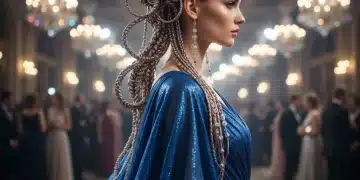 Mujer luciendo una trenza futurista y escultural, ideal para eventos de gala en 2026.