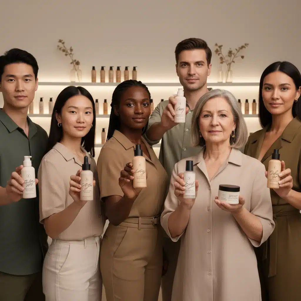 Grupo diverso de personas con productos cosméticos personalizados para sus tipos de piel