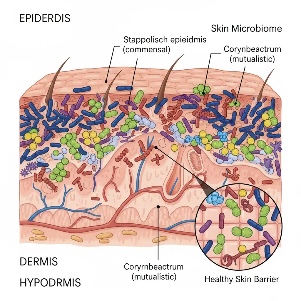 Ilustración detallada de la piel y su microbioma, mostrando la interacción de microorganismos.