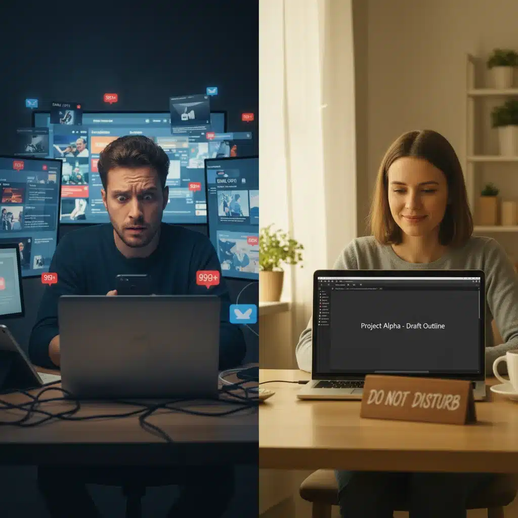 Contraste entre sobrecarga digital y uso consciente de la tecnología en el trabajo remoto.
